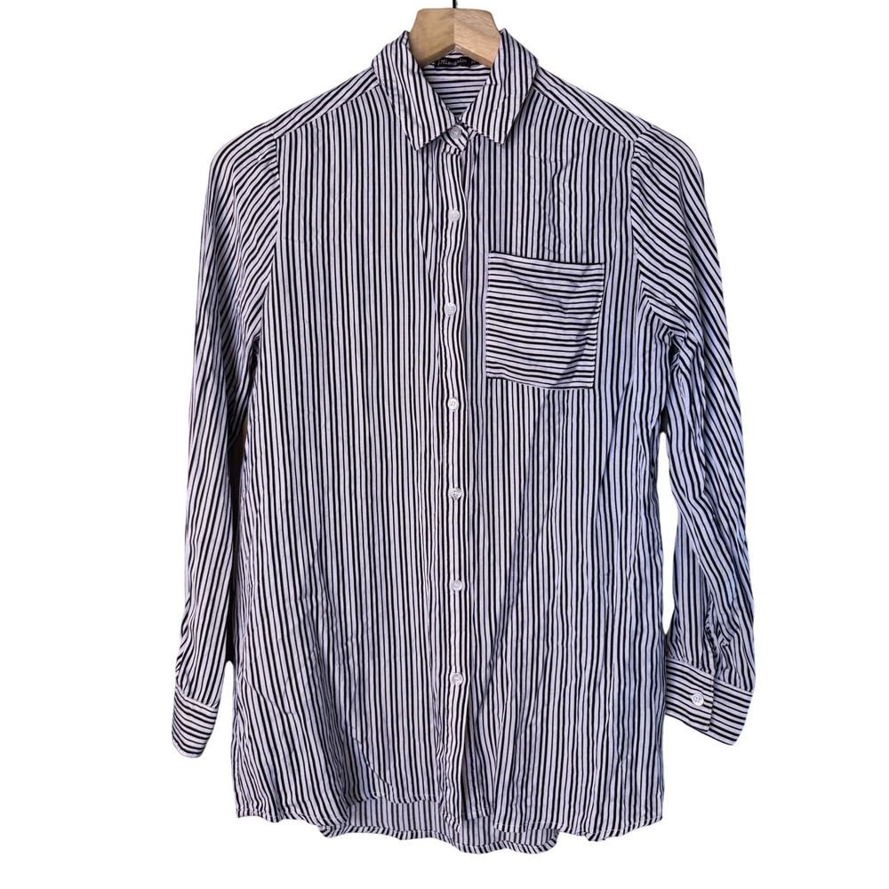 J.McLaughlin Womens XS Navy White Striped Button Down Shirt Viscose Rayon Blend